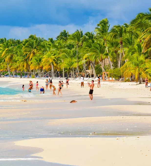 Playa de República Dominicana, palmeras en la arena, personas disfrutando